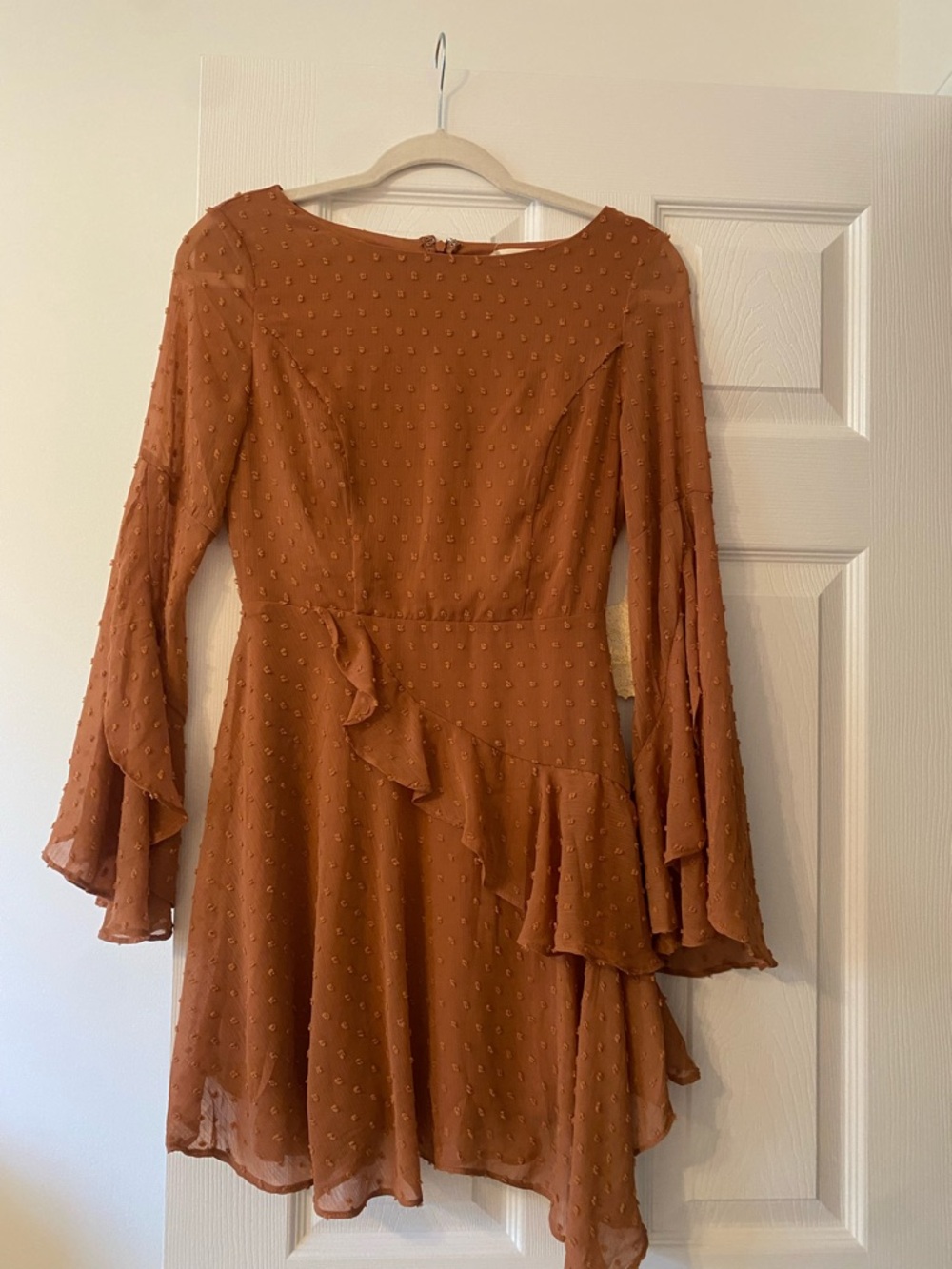Altar'd State Rust Orange Swiss Dot Ruffle Long-Sleeve Dress
